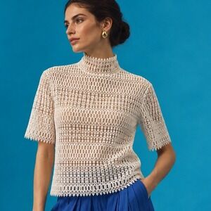 Thierry Colson Lace Top Womens Ivory High Neck Short Sleeve Blouse Small Luxury